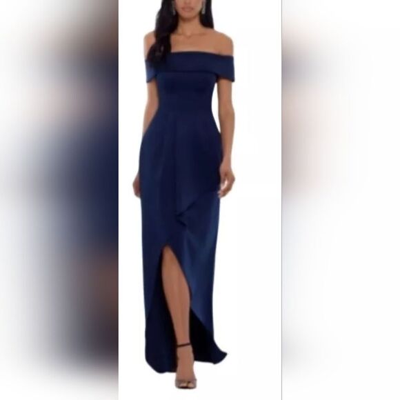 Xscape Womens Off-The-Shoulder Asymmetrical Evening Dress NWT size 4 Navy Blue - Picture 1 of 4